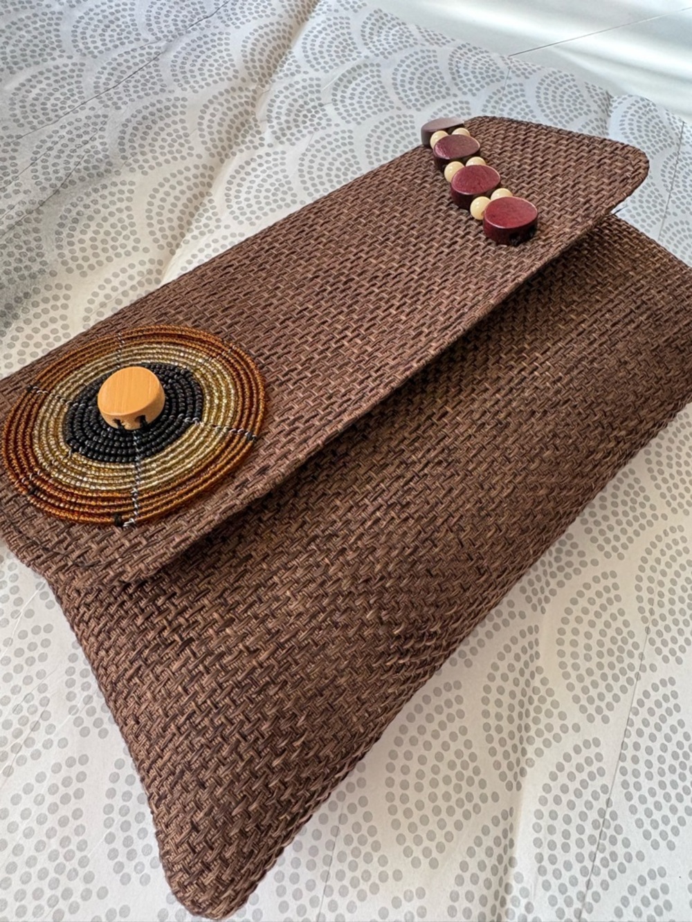 Woven Brown Clutch Bag with Beaded Accent